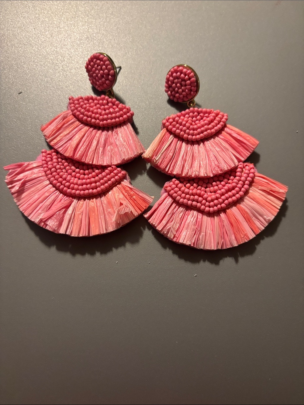 J Crew Pink Raffia Beaded Earrings Retro Statement Jewelry Bold